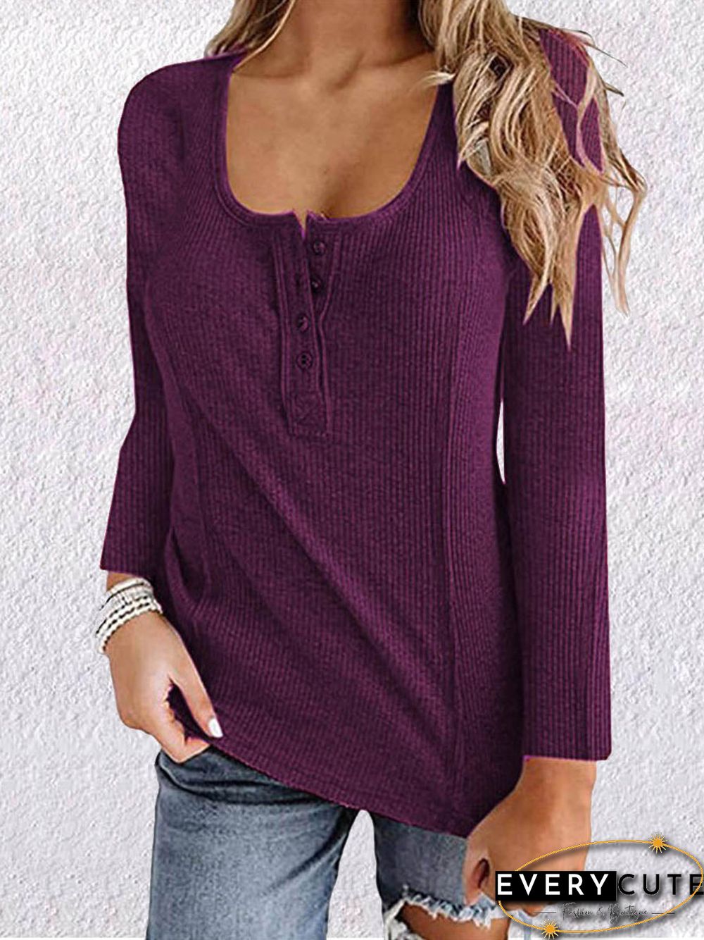 Casual U Neck Long Sleeve Top