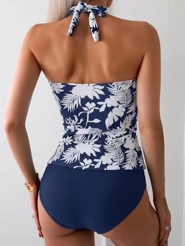 Womens Halter Ruched Tummy Control Two Piece Tankini 
