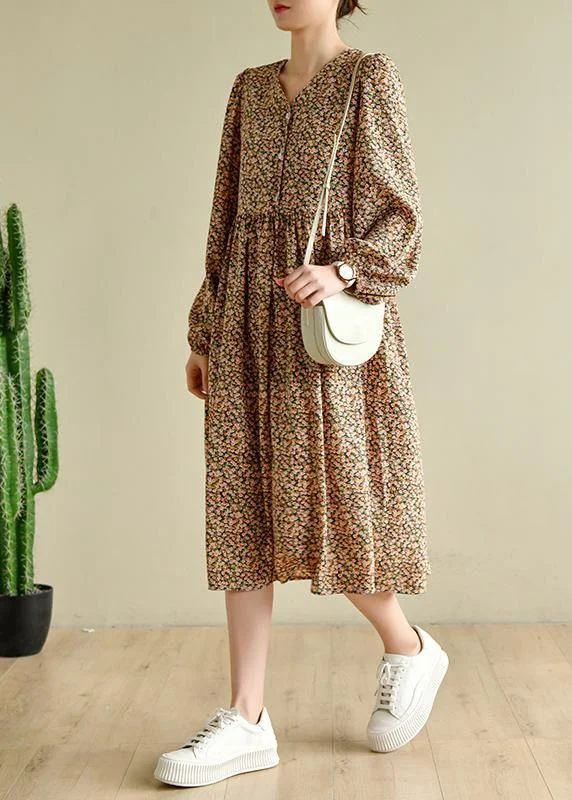 Fine Yellow Green Print Cinched V Neck Vacation Dresses Chiffon Dress