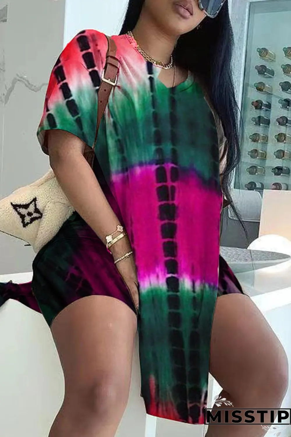 Orange Fashion Casual Print Tie Dye Slit V Neck Short Sleeve Two Pieces