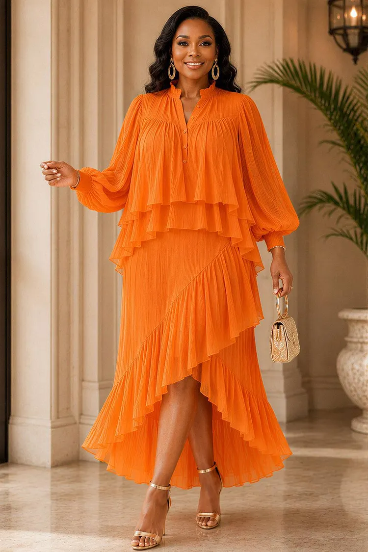Xpluswear Design Plus Size Business Casual Orange Stand-Up Collar Lantern Sleeve Long Sleeve Ruffle Split Chiffon Two Piece Skirt Sets [Pre-Order] 2024 - Xpluswear
