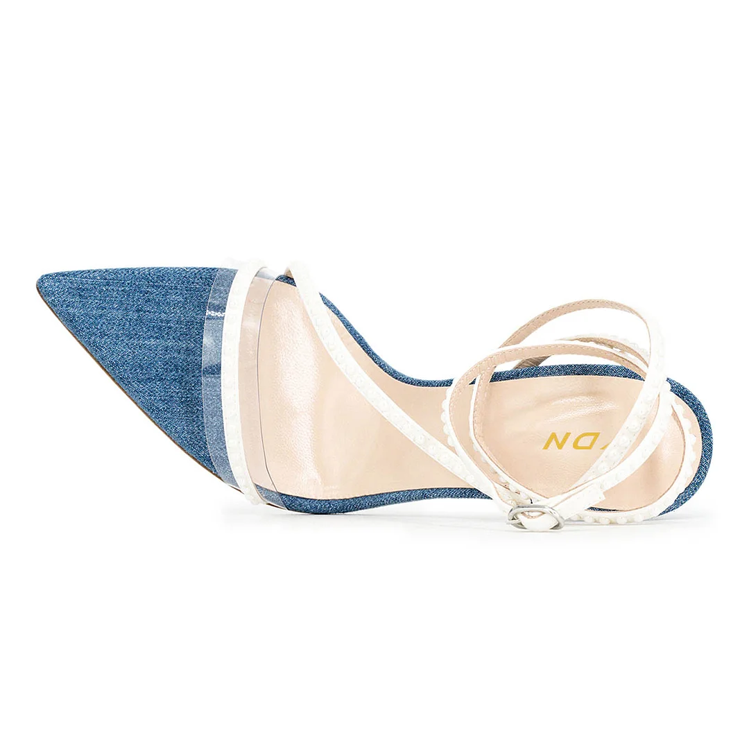 White & Blue Patchwork Open-Toe Studded Flared Heeled Sandals