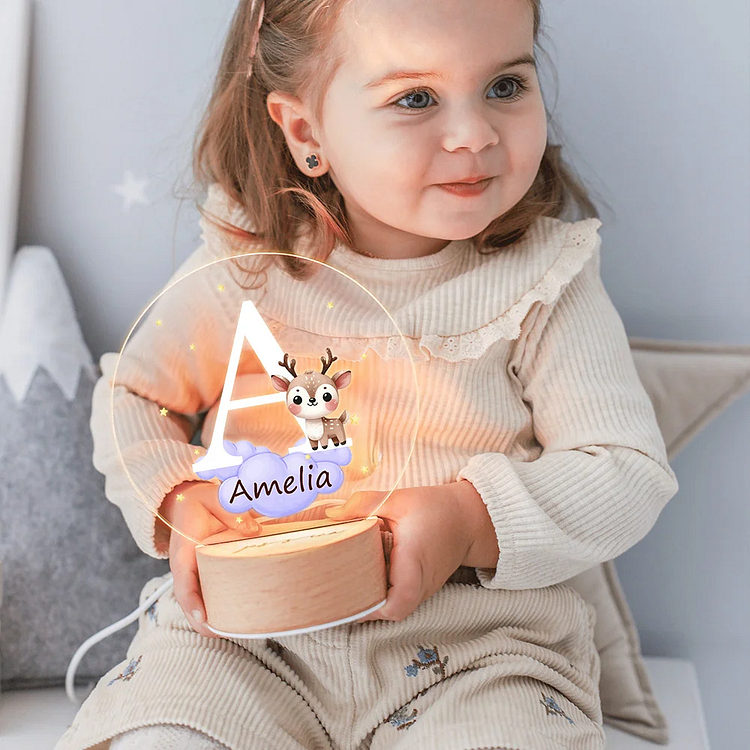 Personalized Fantasy Star Cloud Cute Forest Animal Initial Name LED Night Light with Wooden Base Nursery Decor Birthday Baby Shower Gift for Kids