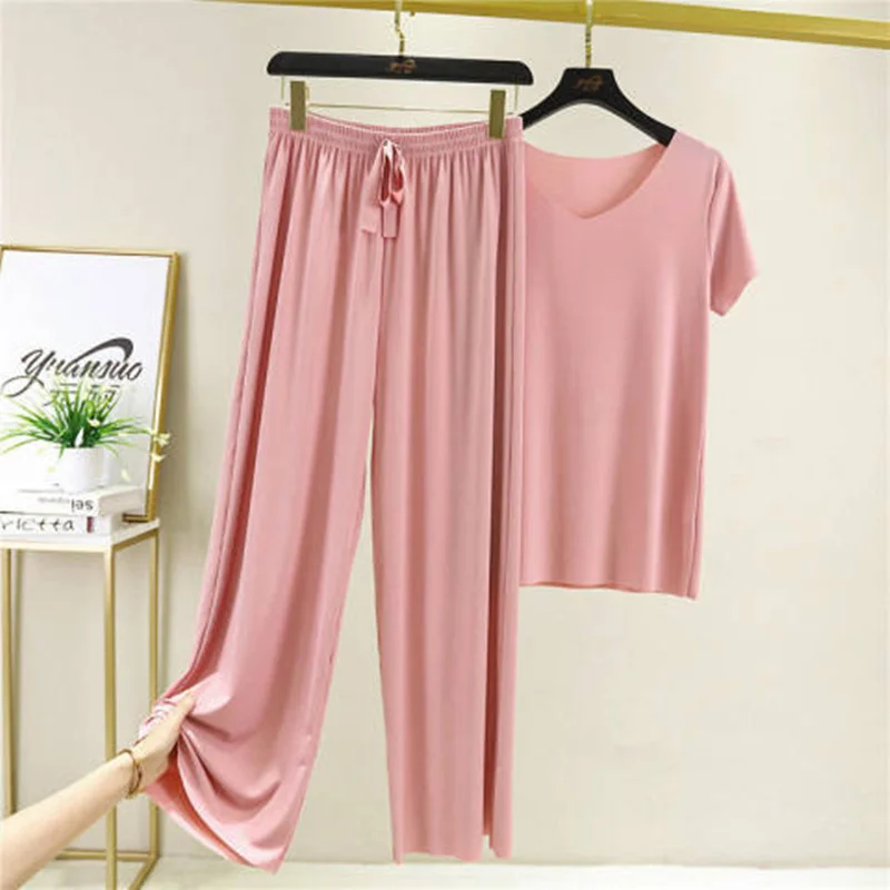 Ice Silk Pajamas Set Modal Wide-Leg Pants Short Sleeve Two-Piece Suit
