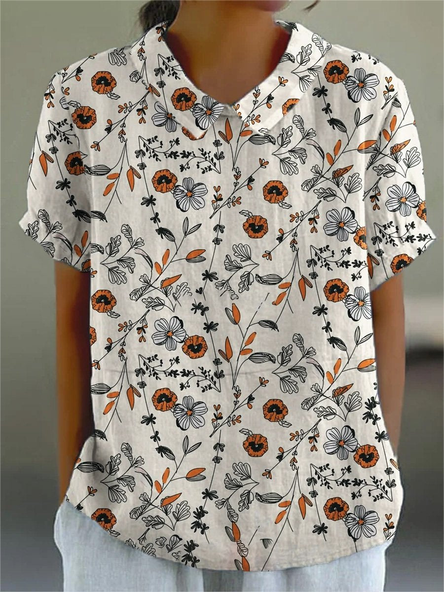Women's Flower Art Print Casual Cotton And Linen Shirt
