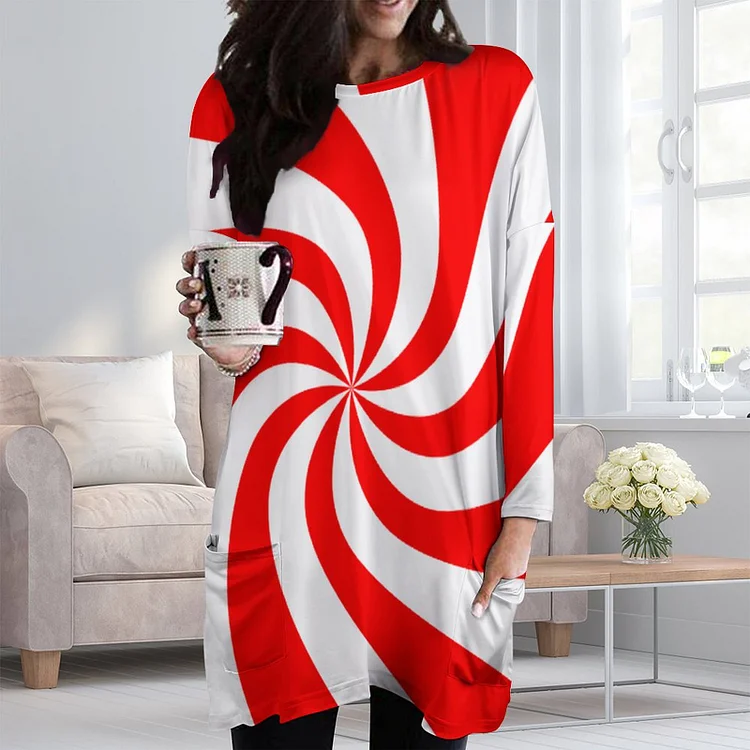 Big Red White Peppermint Candy Cane Christmas Casual Swing Dresses Women Long Sleeve Loose Fit T Shirts Tunic Mini Dress - Heather Prints Shirts