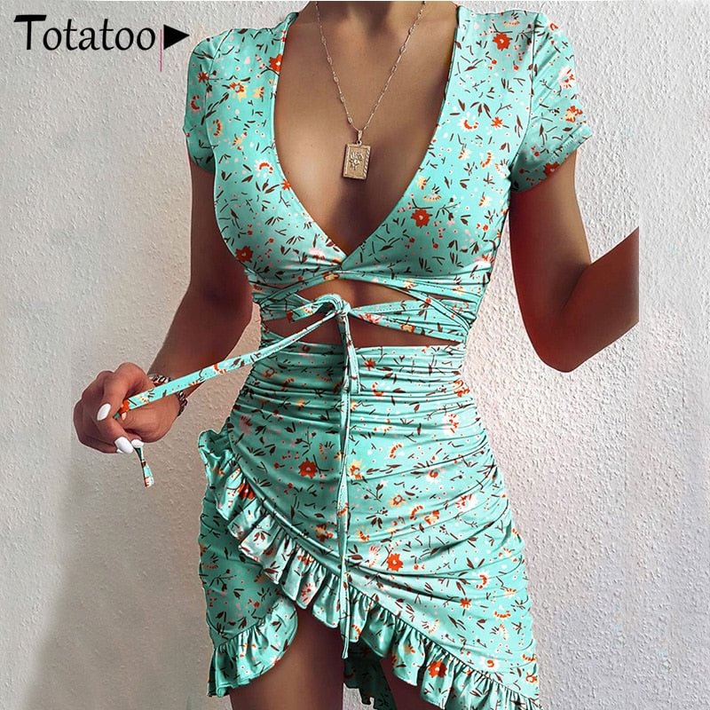 Totatoop Floral Print Lace Up Bandage Summer Dress For Women 2021 Hollow Cut Ruffles Bandage Wrap Dress Beach Holiday Boho Robe