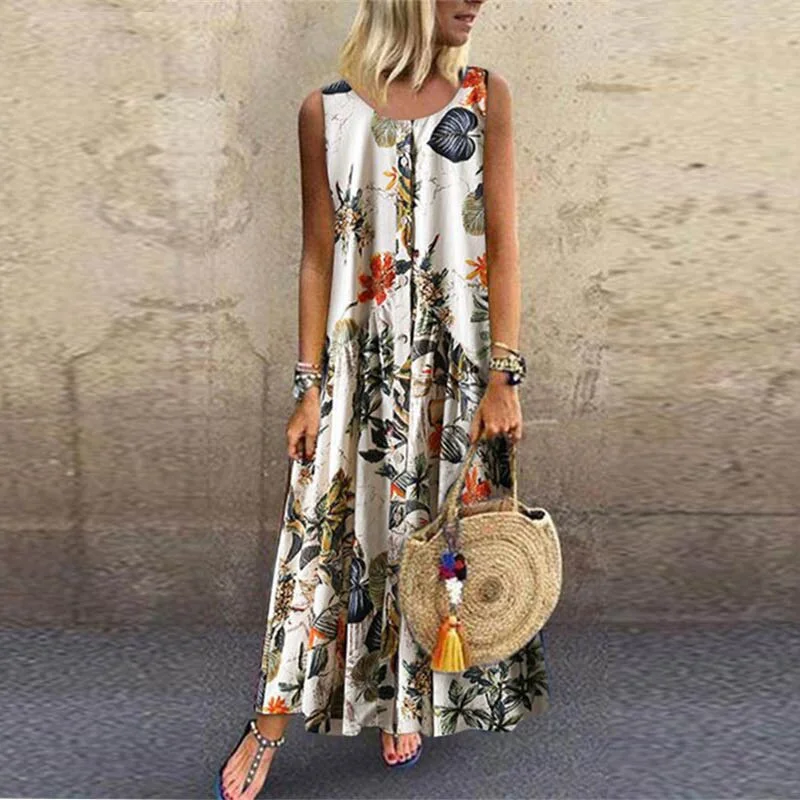 ELSVIOS Plus Size Women Floral Print Sleeveless Button Maxi Dress Elegant Bohemian Summer Long Dress Ladies O-Neck Vintage dress