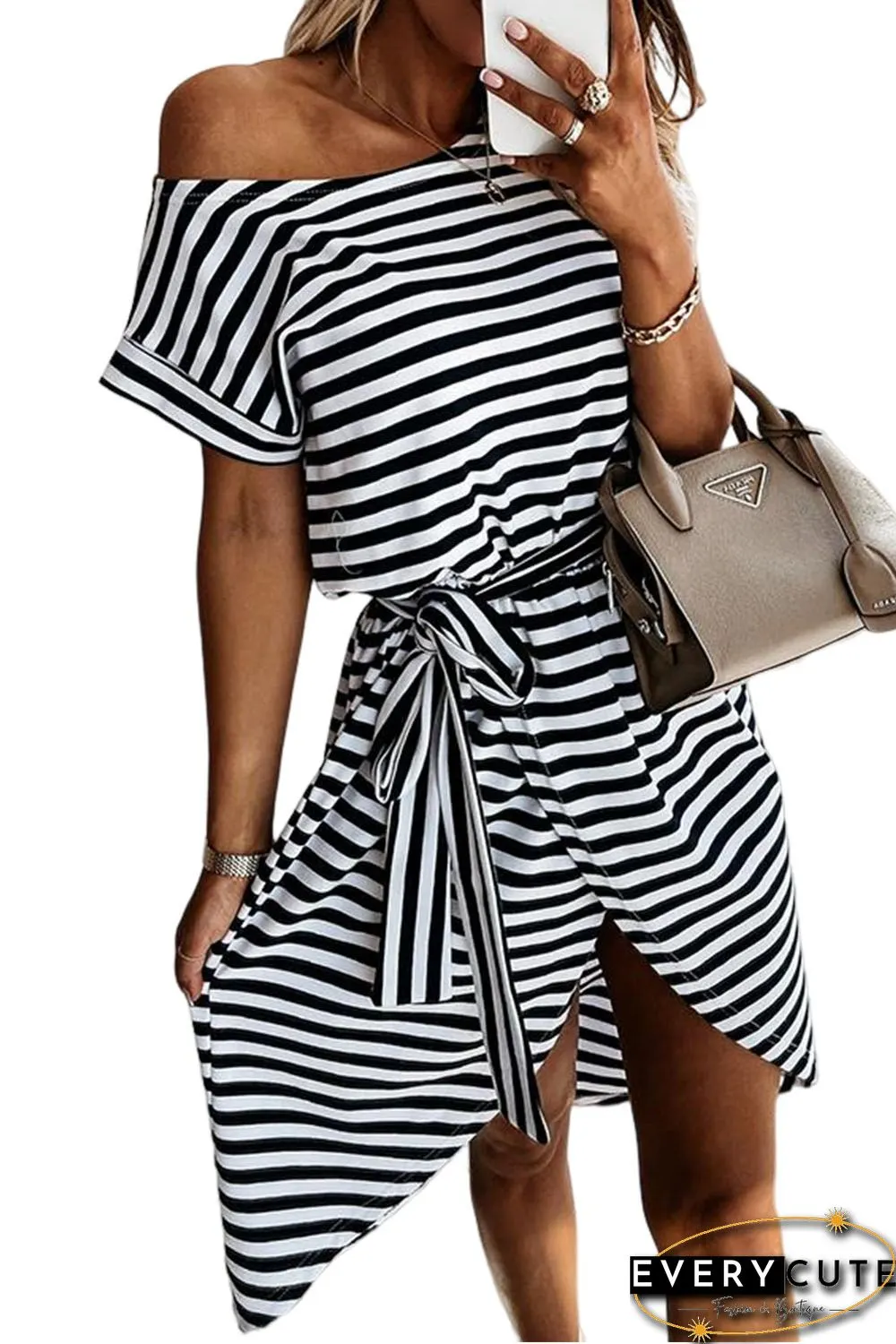 Black Stripe Short Sleeve Belted Wrapped Hemline T-Shirt Dress