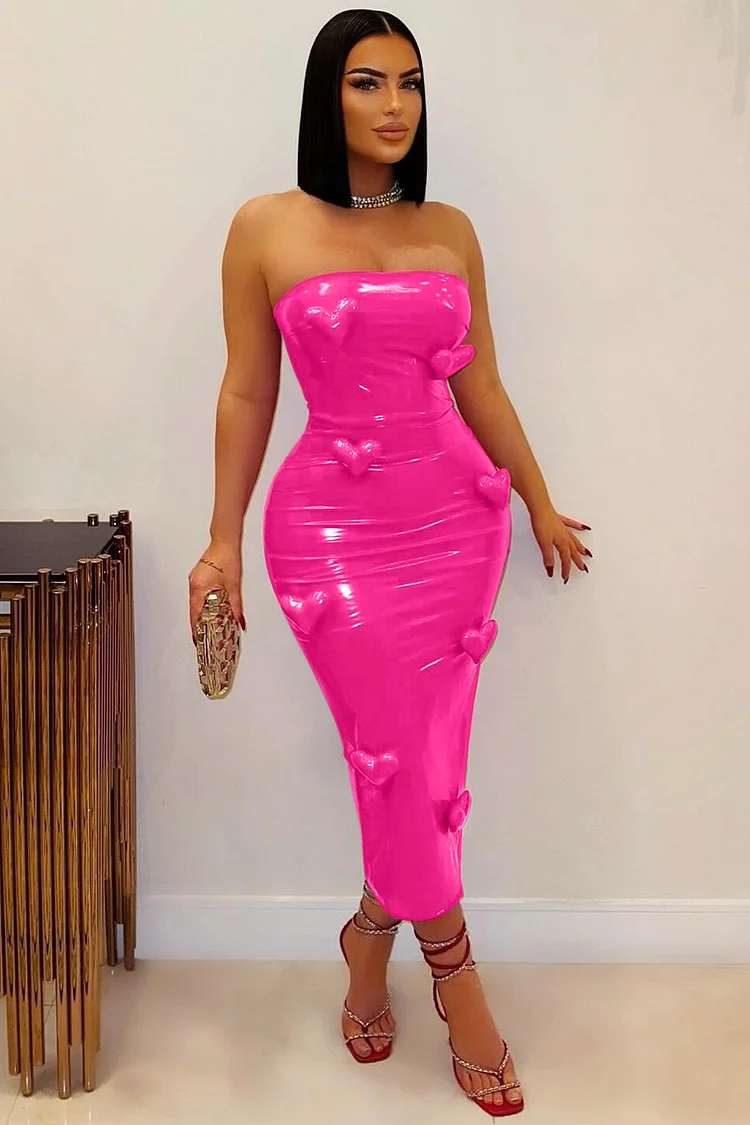 3D Heart Decor Bodycon Valentine's Party Midi Tube Dresses-Red