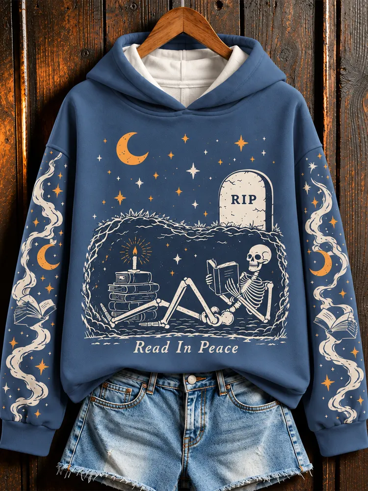 Comstylish Women's Read In Peace Skeleton Graphic Hoodie