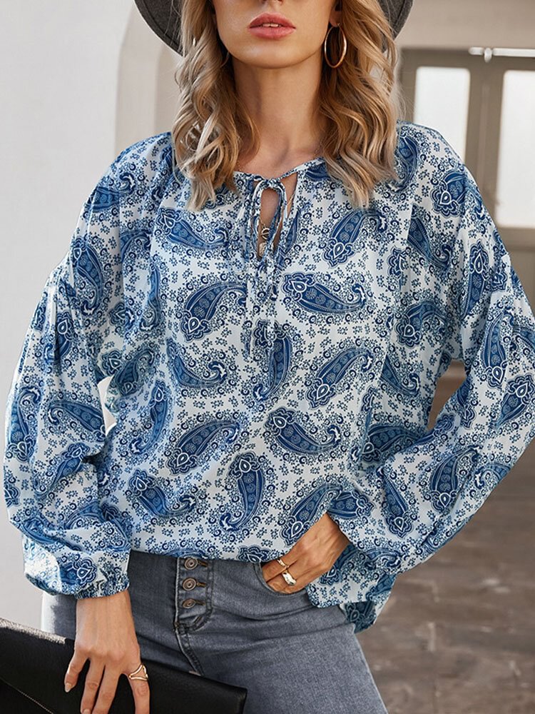 Bohemia Floral Ethnic Print Knotted Long Sleeve Vintage Casual Blouse P1823723