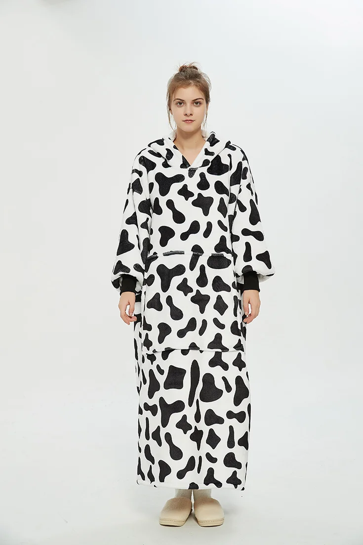 Long Winter Plush Fleece Wearable Blanket Hoodie Cow Style  Stunahome.com