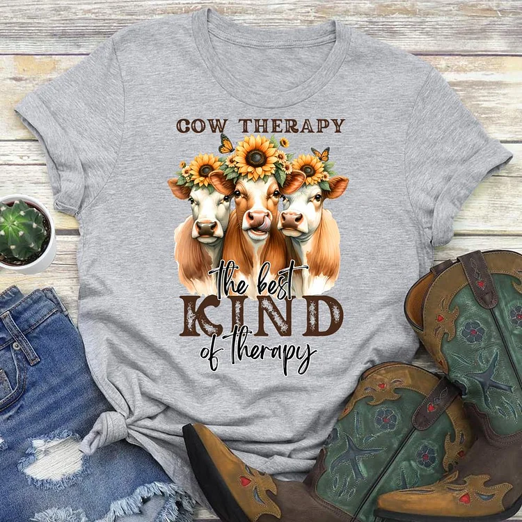 Cow Therapy The Best Kind Of Therapy Round Neck T-shirt-0025018