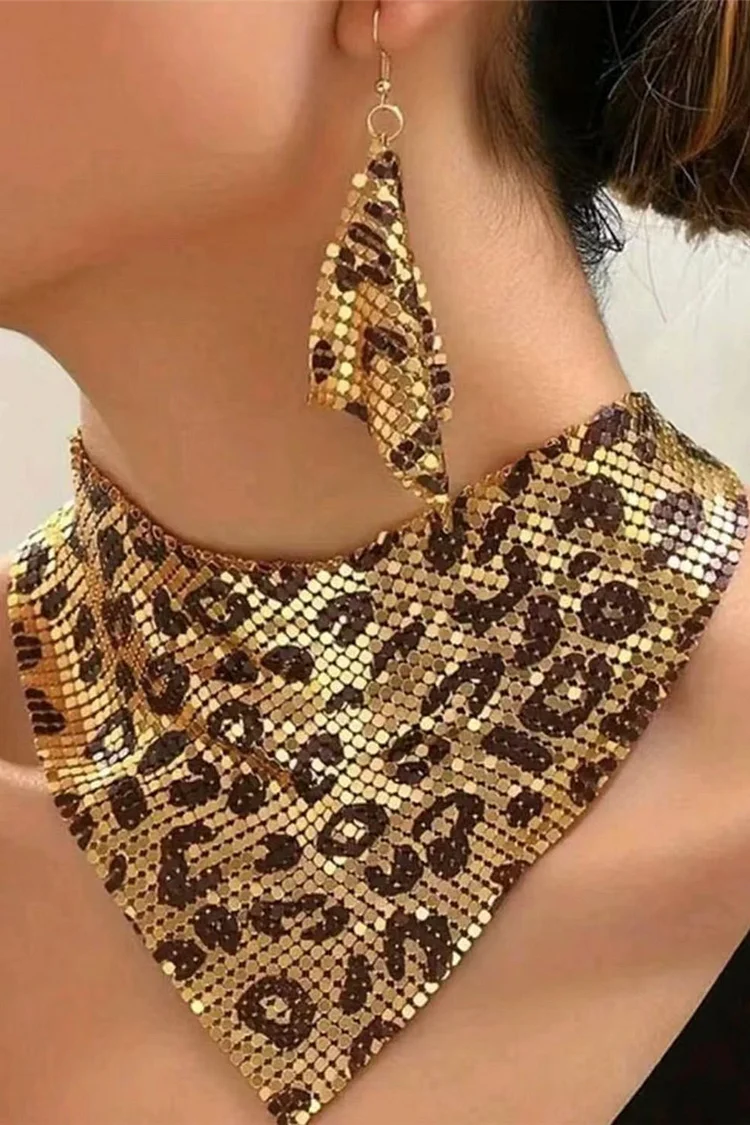 Fashion Leopard Triangle Scarf Sequin Necklace Earrings Jewelry Set 2024 - Xpluswear