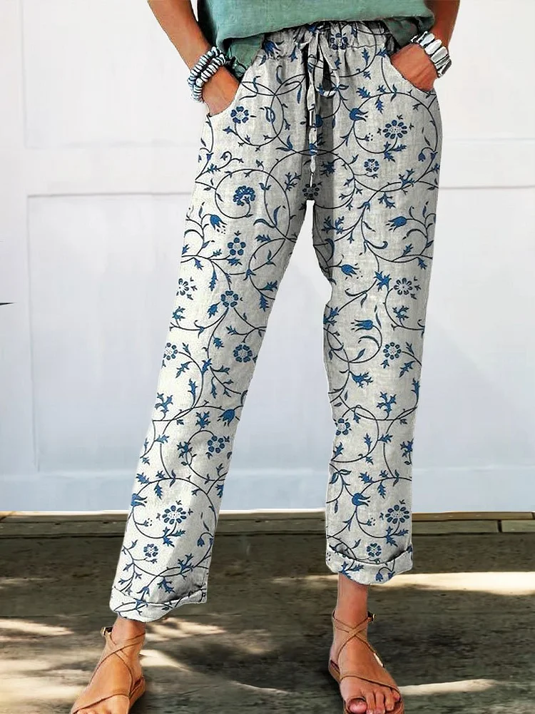 Women's Floral Printed Cotton And Linen Casual Pants