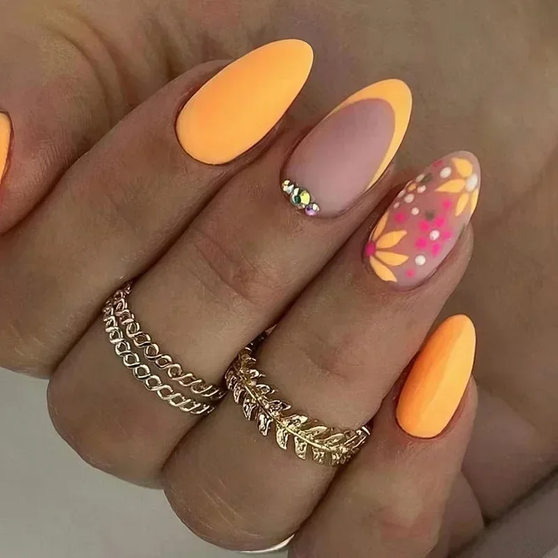 Lidudu French Press on Fake Nails with Flowers Designs Summer Blue Short Almond False Nails Wearable French Full Cover Press on Nails