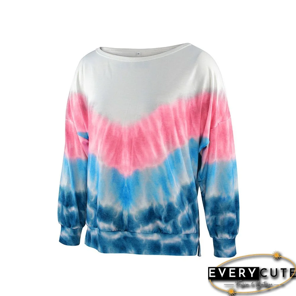 Pink Color Block Tie Dye Long Sleeve Sweatshirt