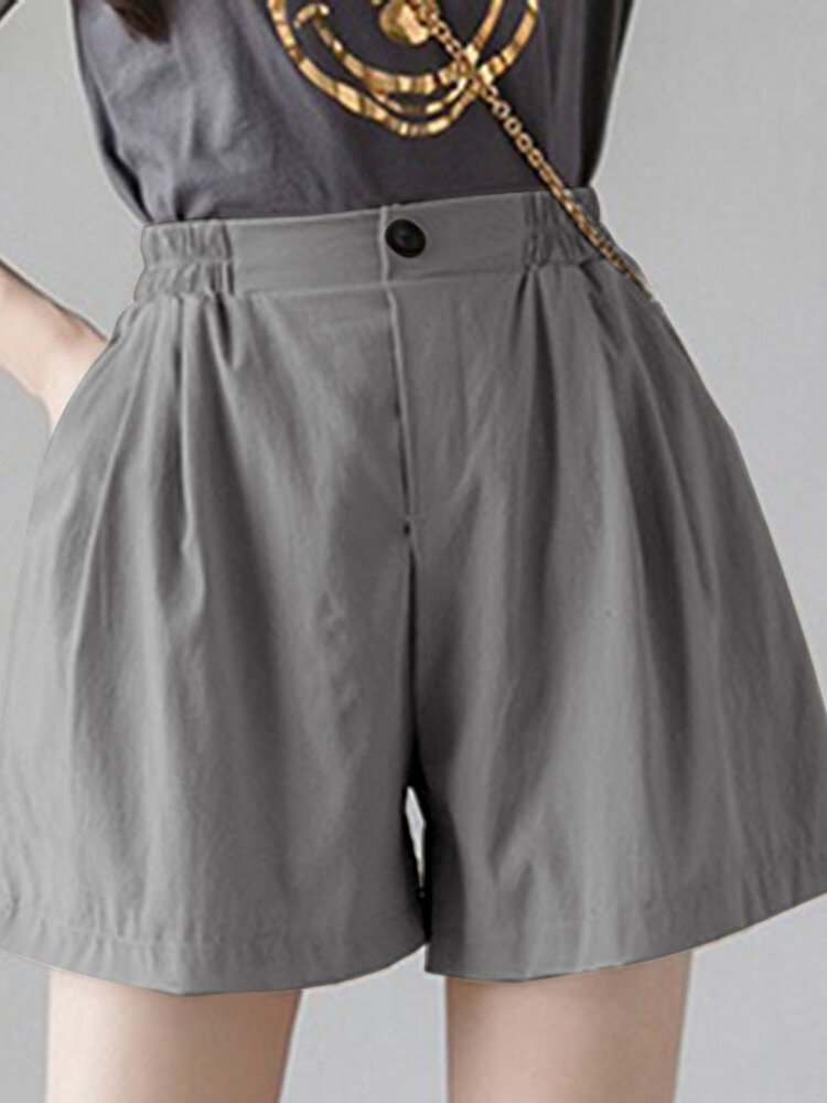 Solid Elastic Waist Button Pocket Casual Shorts - Shop Trendy Women's Fashion | TeeYours