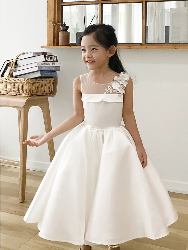 Hellodresses Sleeveless Jewel Neck Ball Gown Tea Length Flower Girl Dress Satin With Petal Appliques