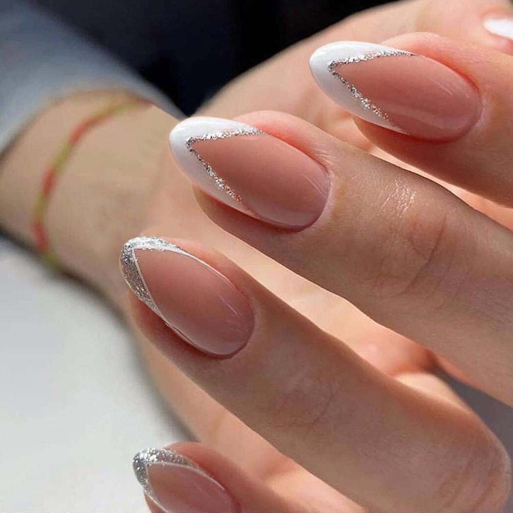 24Pcs/Box Detachable Fake Nails French Manicure Oval Head White And Silver Rim Design Artificial Nails With Glue For Girls