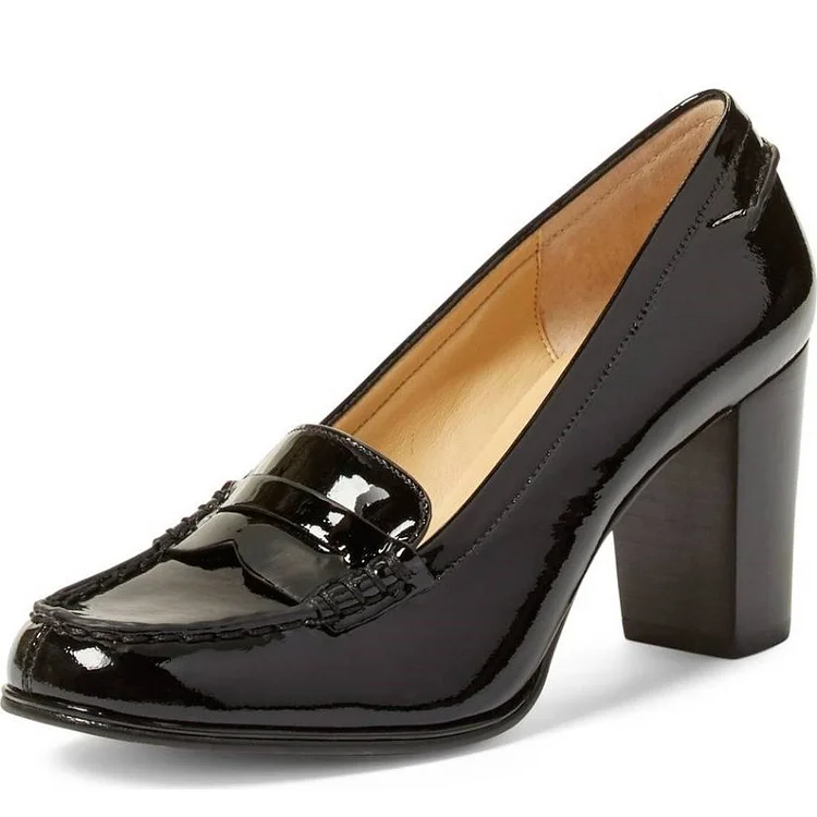 Classic Black Patent Leather Round-Toe Loafer Heels for Women |FSJ Shoes