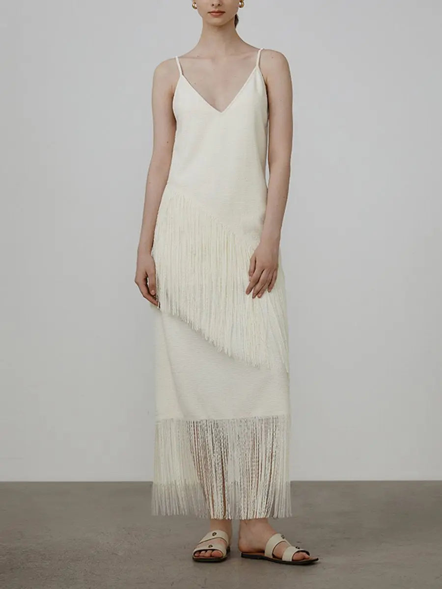 V Neck Cami Tassel Splicing Midi Dress