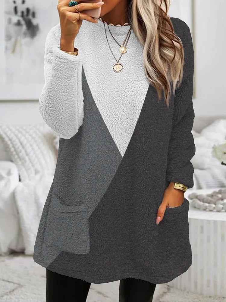 Flannel Plain Color Patch Splicing Warm Short Dress Plus Size