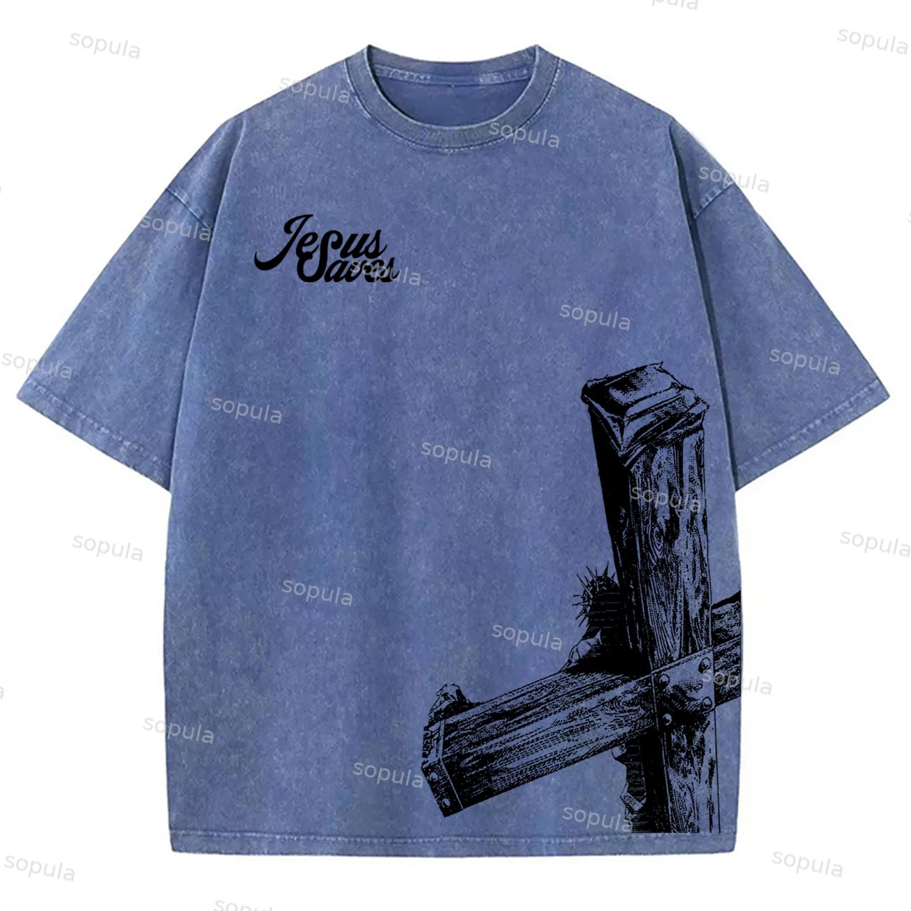 Sopula Vintage Casual Jesus Saves Graphic Acid Washed T-Shirt