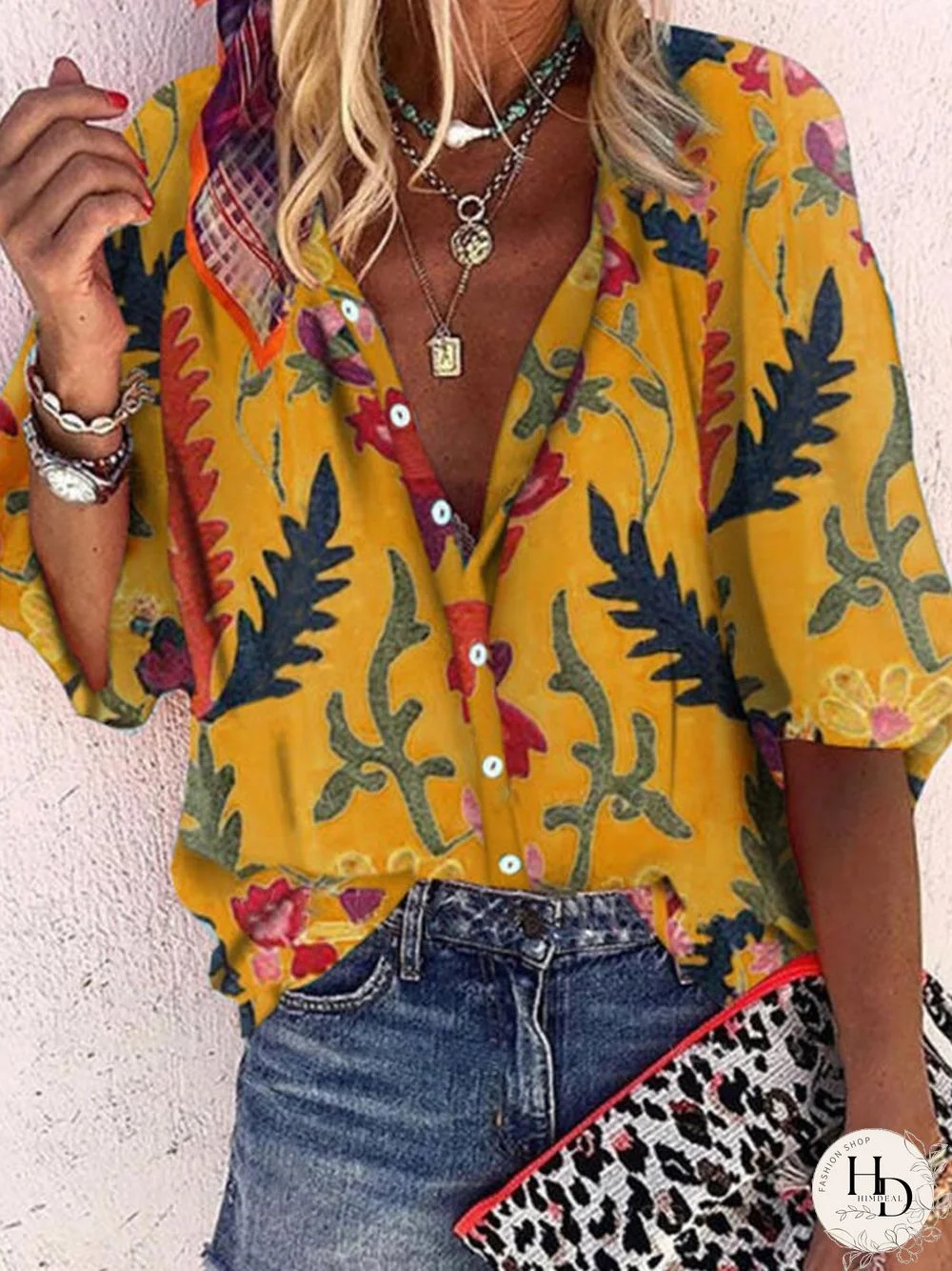 Tropical Print Loose-Fit V-Neck Shirt P16070
