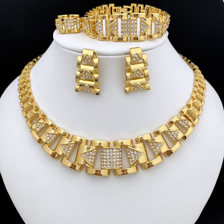 Gold Plated Fine Jewelry Set Women‘s Necklace Earrings Big Bracelet Nigeria Bridal Wedding