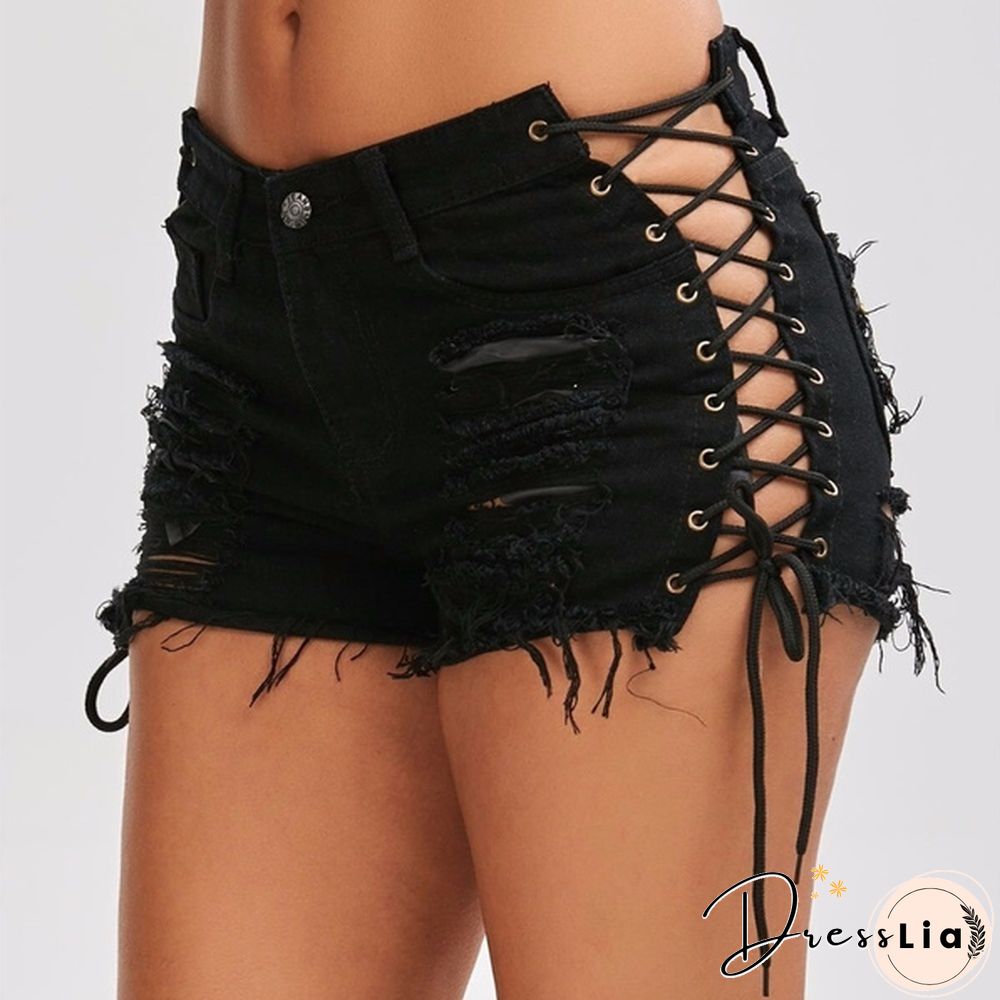 Sexy Summer Women Denim Shorts Blue High Waist Ripped Short Jeans Femme Tassel Lace Up Bandage Shorts