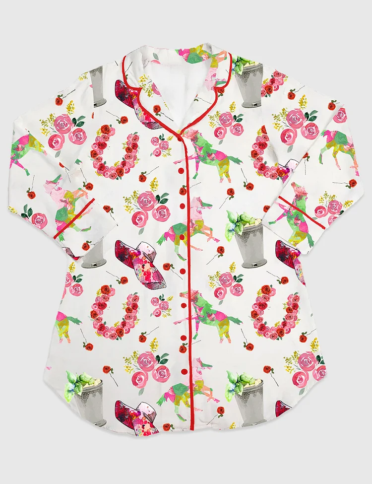 Women&rsquo;s Kentucky Derby Western Horse Pattern Long Sleeve Satin Sleep Shirt