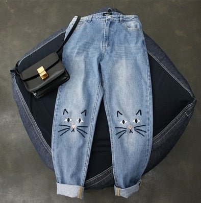 Jeans Women Cat Printed Kawaii Simple Korean Style Zipper Fly Breathable Soft Trendy Leisure Pockets Jean Womens Lovely Chic
