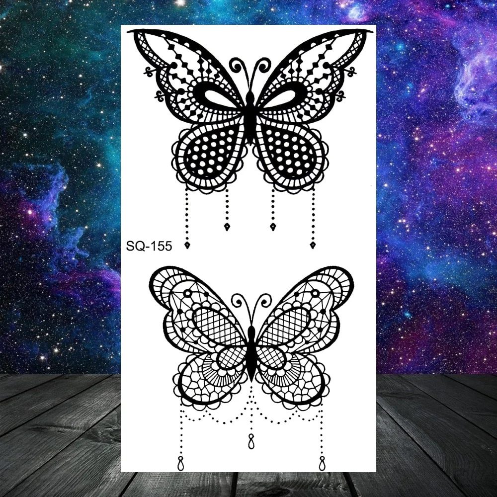 Black Butterfly Rose Flower Temporary Tattoos For Women Adult Men Cross Wings Anchor Whale Bow Fake Tattoo Hand Washable Tatoos
