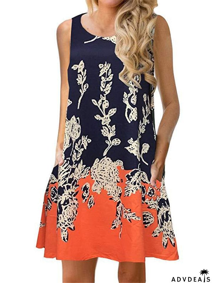 Sleeveless Printed Pullover Round Neck Dresses