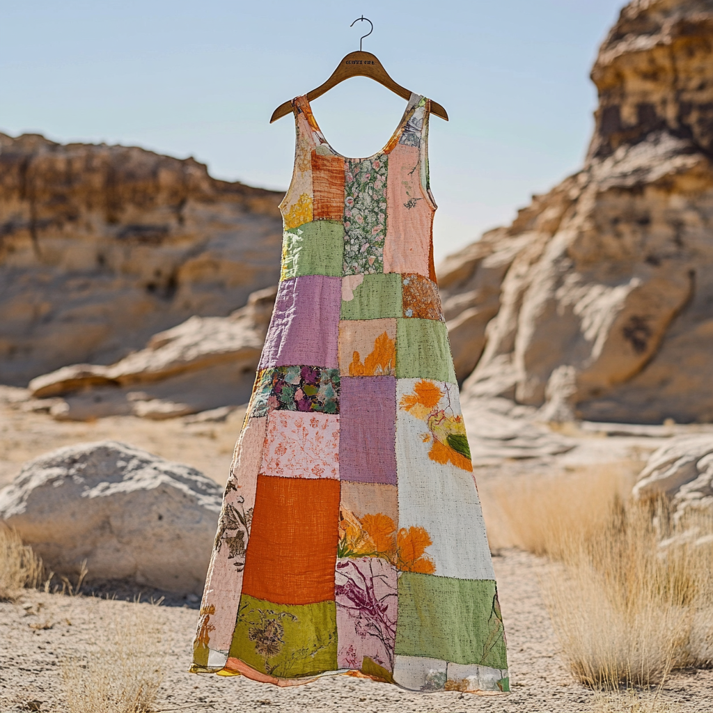 Women's Vintage Bohemian Floral Patch Cotton And Linen Dress