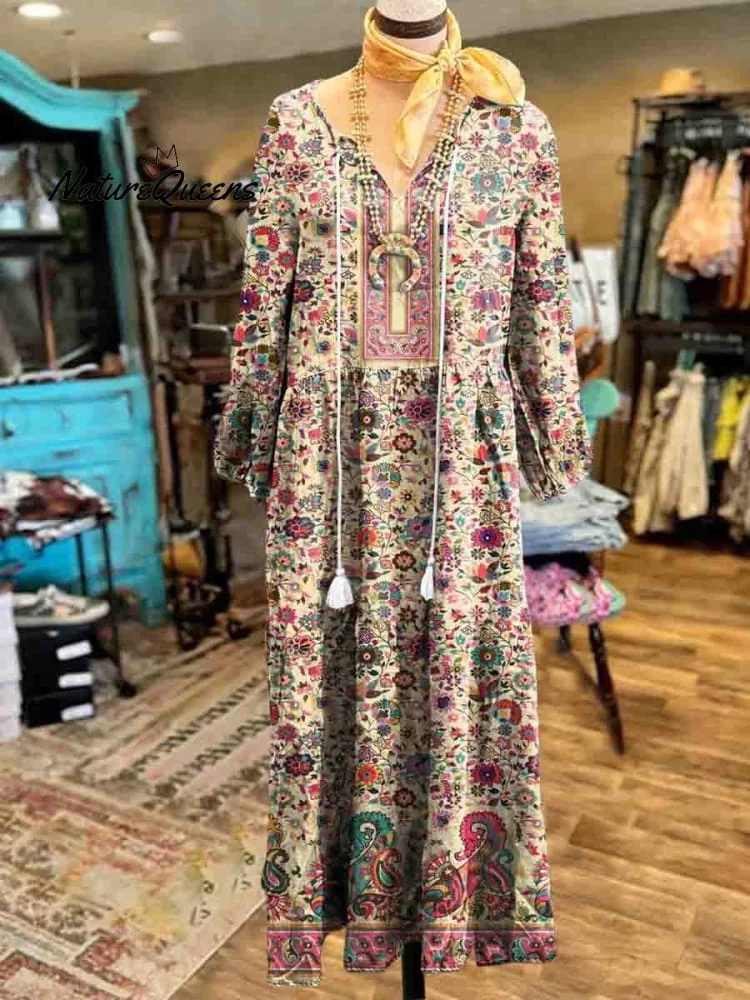 Women's Vintage Bohemia Floral Print Long Sleeves Cotton Dress