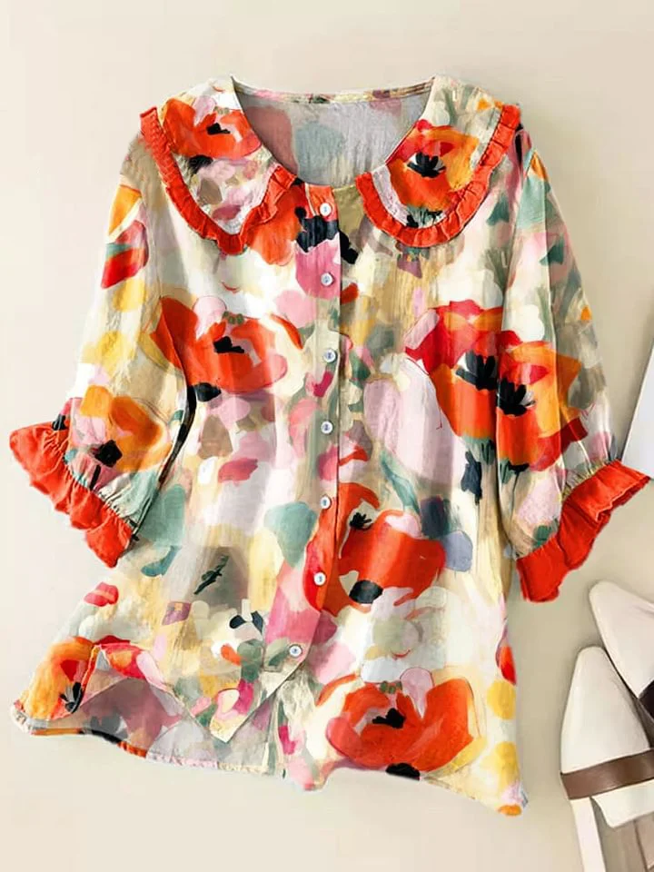 Women Vintage Flower Art Print Loose Peter Pan Collar Half Sleeve Blouses