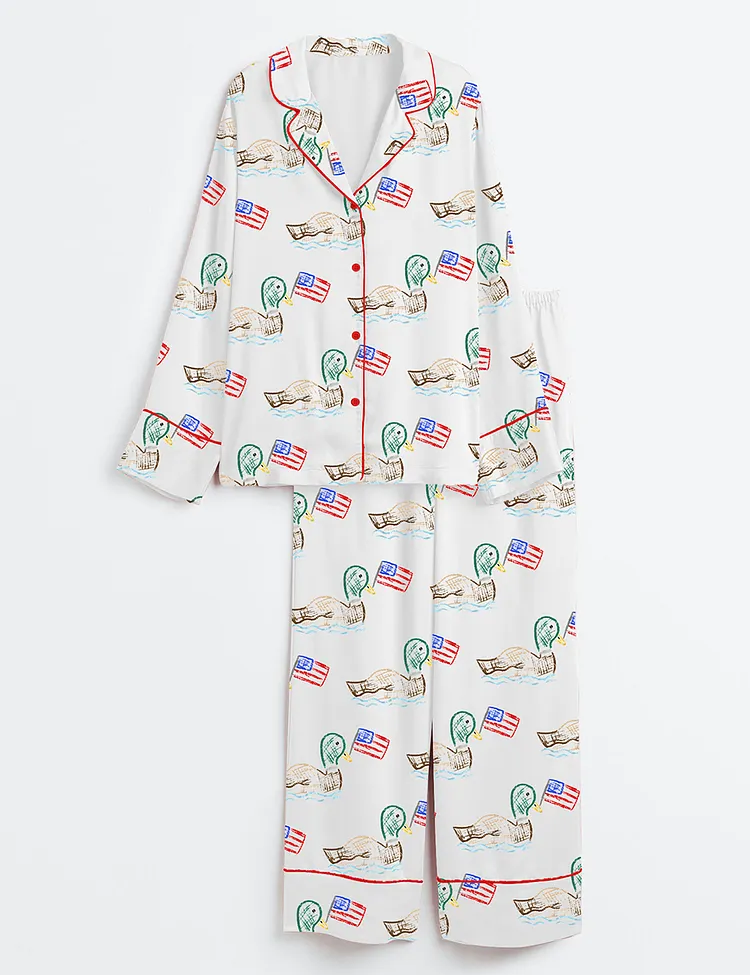 Women&rsquo;s 4th Of July Independence Day Patriotic USA Ducks Print Long Sleeve Satin Pajama Set