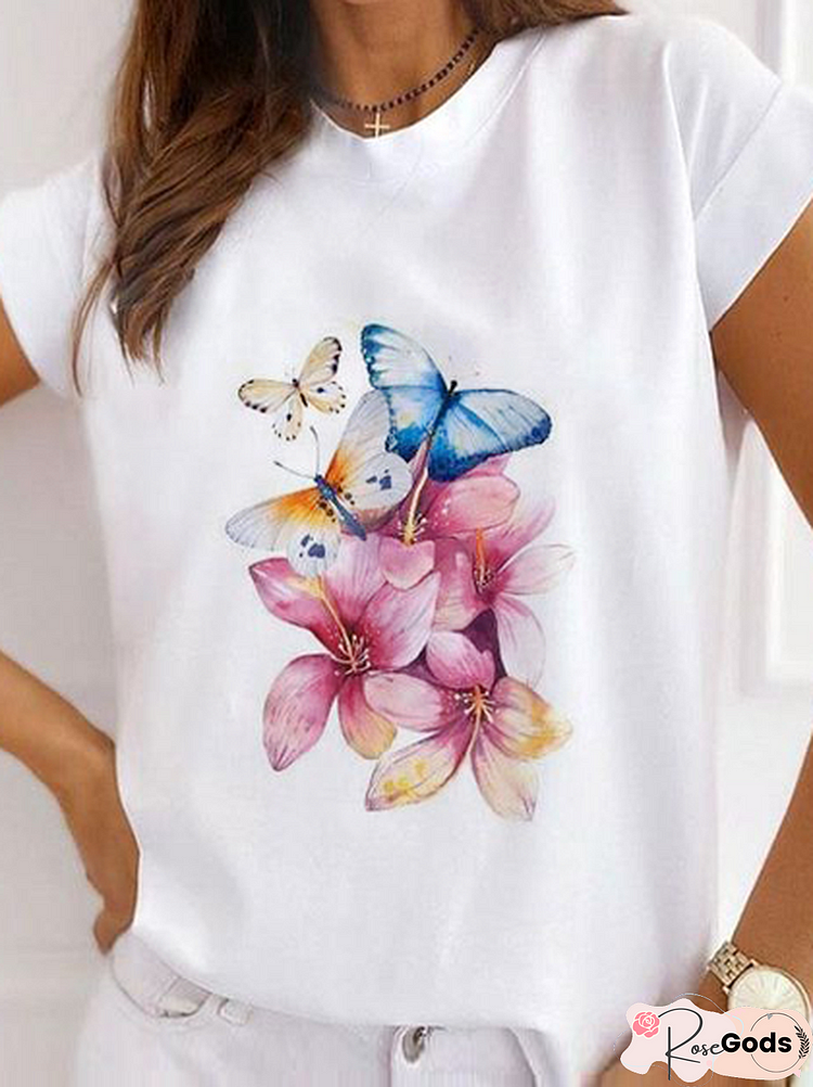 Colorful Butterfly Short Sleeve Resort T-Shirt Loosen Butterfly Vacation Short Sleeve T-Shirt