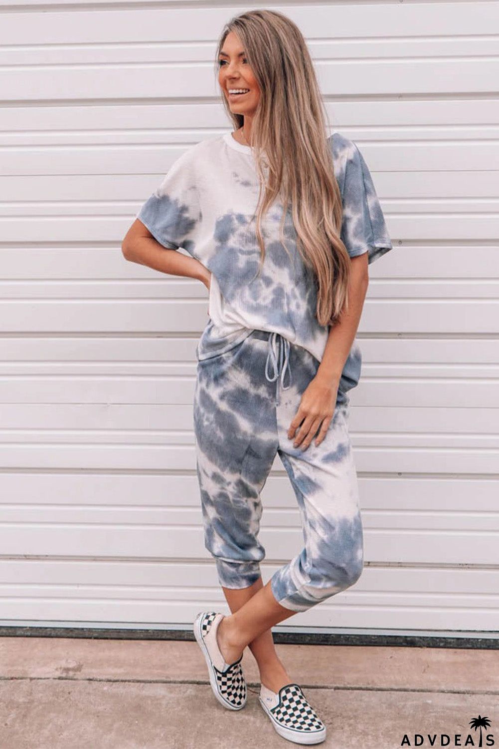 Tie-dyed Short Sleeve Top and Elastic Waist Pants Set