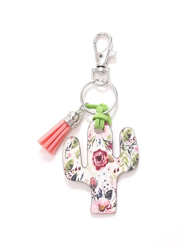 Classic Style Commute Cactus Printing Wood Bag Pendant Keychain