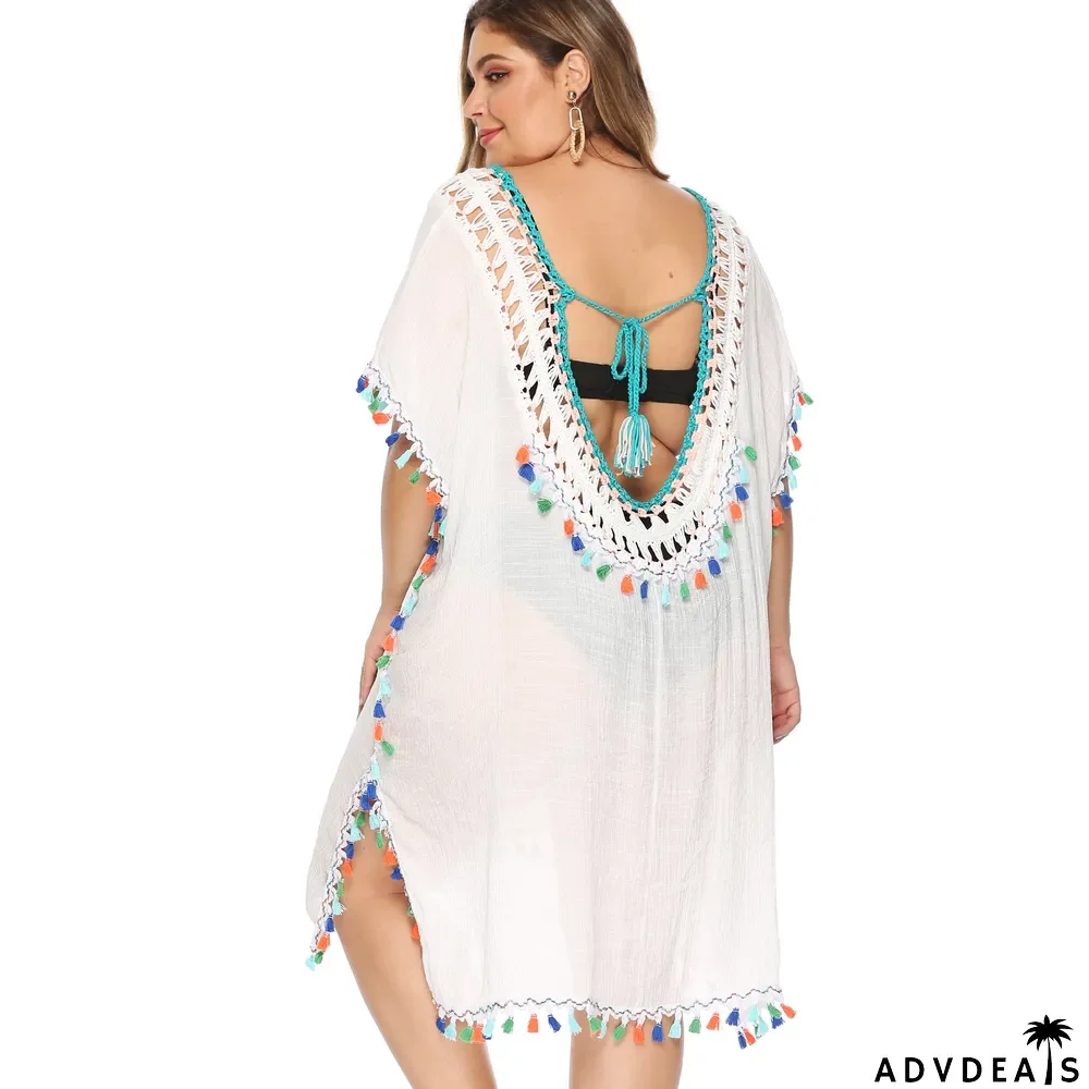 Plus Size Women's Irregular Hook Patchwork Multi-Color Tassel Deep V Sexy Loose Plus Size Beach Cover Up