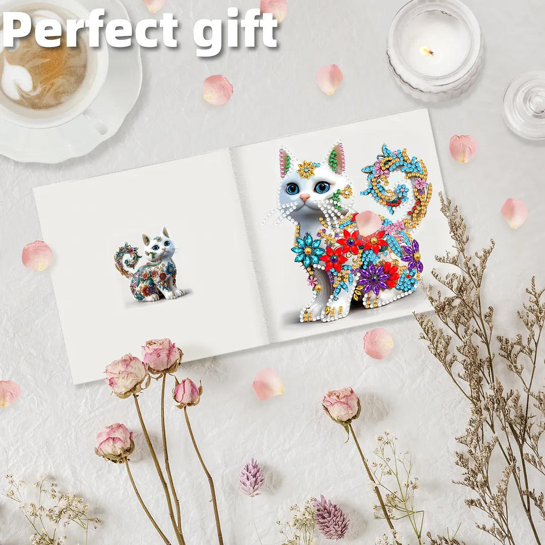 6pcs White Cat DIY Diamond Painting Greeting Card Kits with Envelopes Diamond Art Greeting Cards Diamond Art Cards Kits for Adults DIY Crafts Family Friend Gifts
