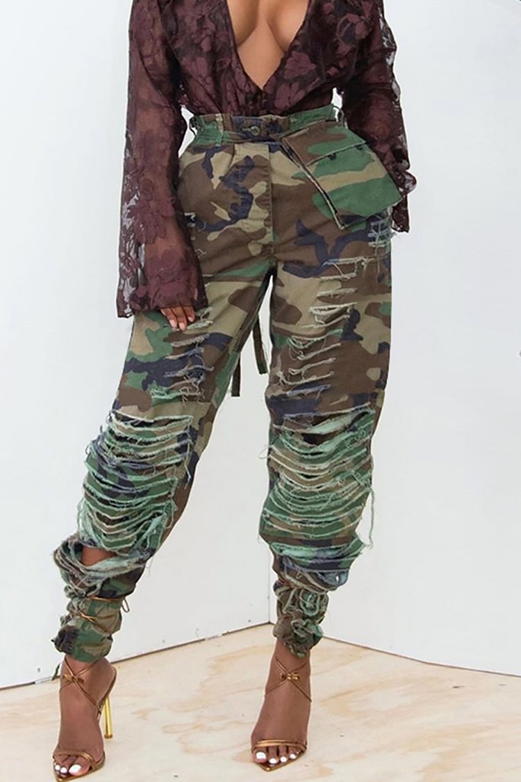 Plus Size Casual Camouflage Skinny Ripped With Pockets Pants 