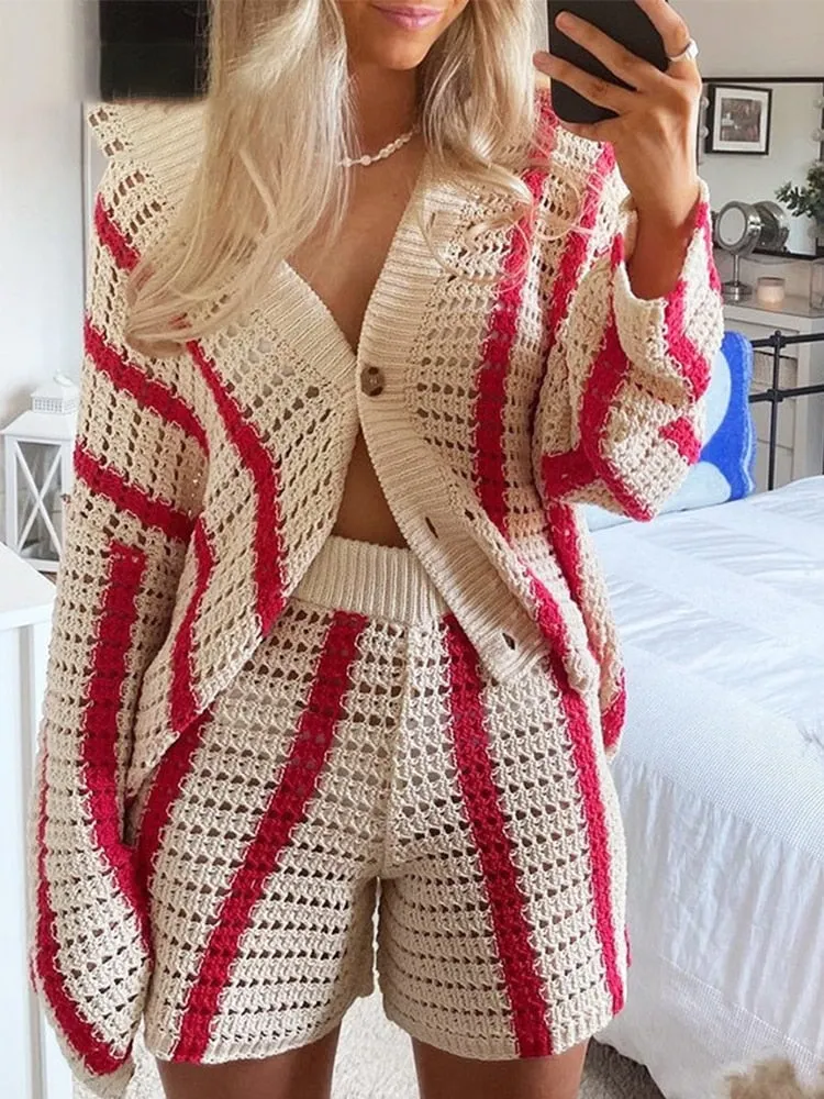 Gitana 2022 Autumn Knitted Long Sleeve Cardigan Women Red Stripe Loose V Neck Oversized Sweater Tops Fashion Casual Pullover