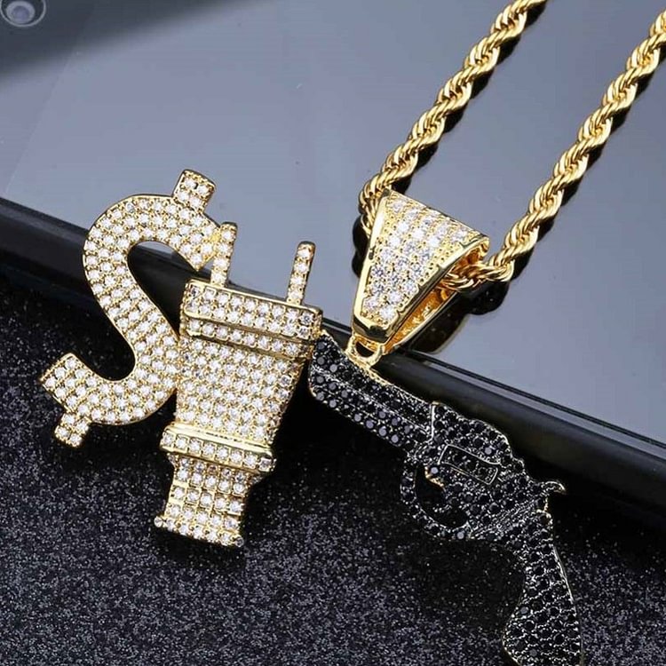 Hip Hop Dollar Plug Gun Combo Necklace Pendant Iced Out Jewelry