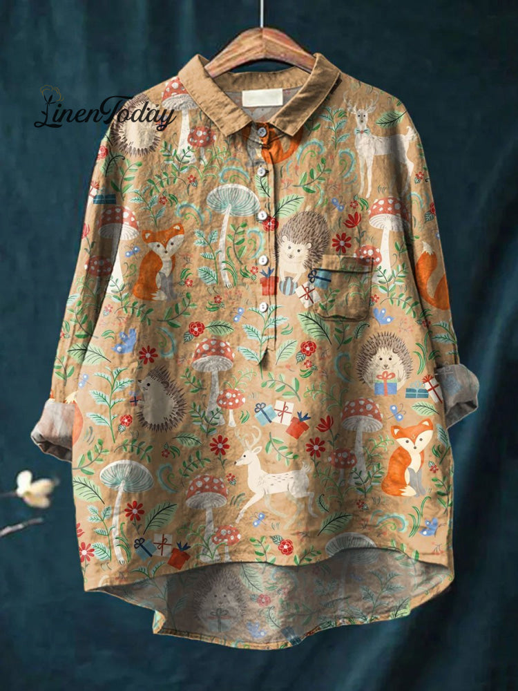 Women’s Vintage Lovely Woodland Animals Art Print Casual Cotton And Linen Shirt Multicolor / S