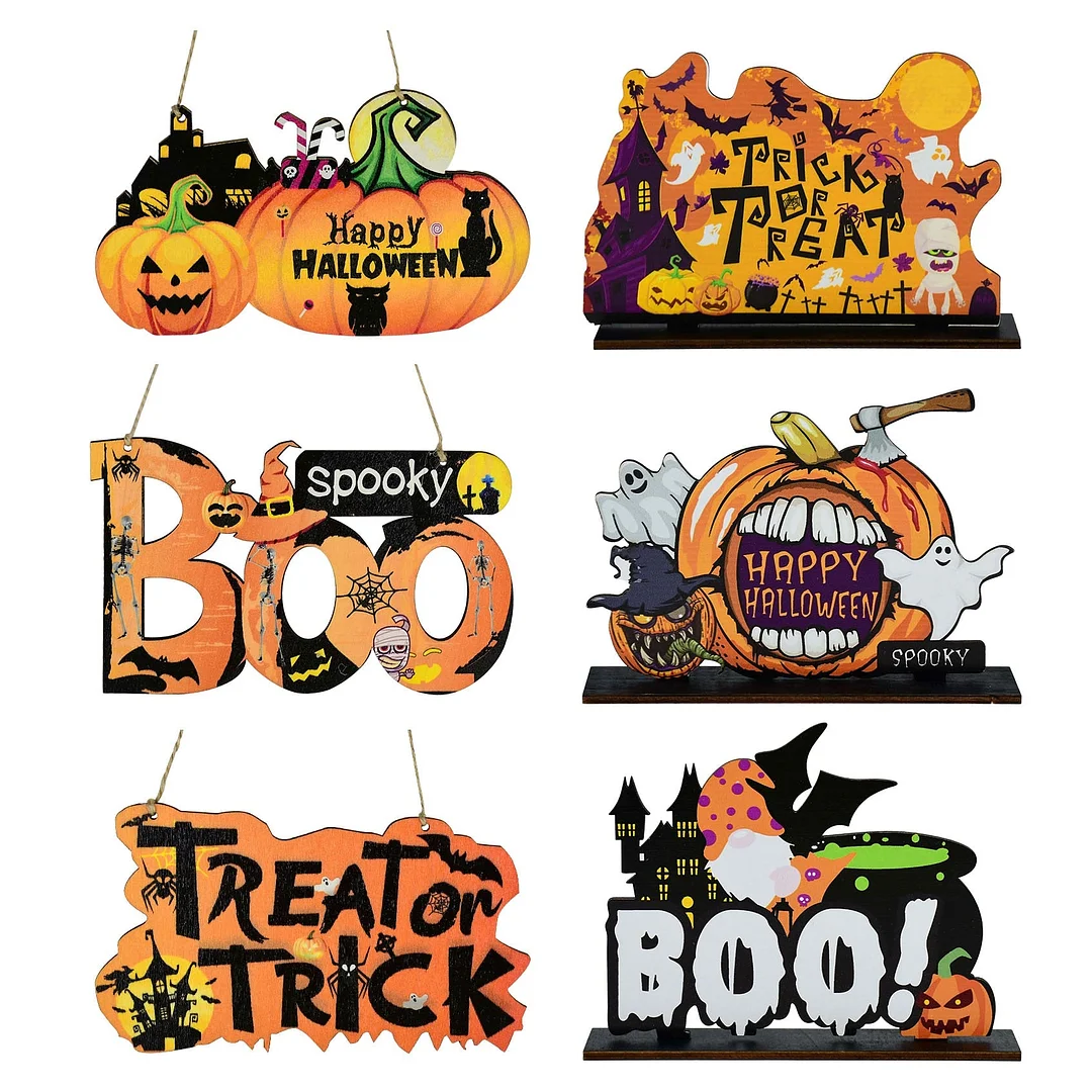Halloween Wooden Ornaments Pumpkin Ghost Trick or Treat Pendants Halloween Party Decoration for Home Door Hanging Signs Kids Toy